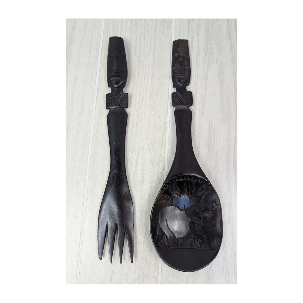 African hand carved Salad Spoon Fork Decor Black Brown Wood Elephant Tribal